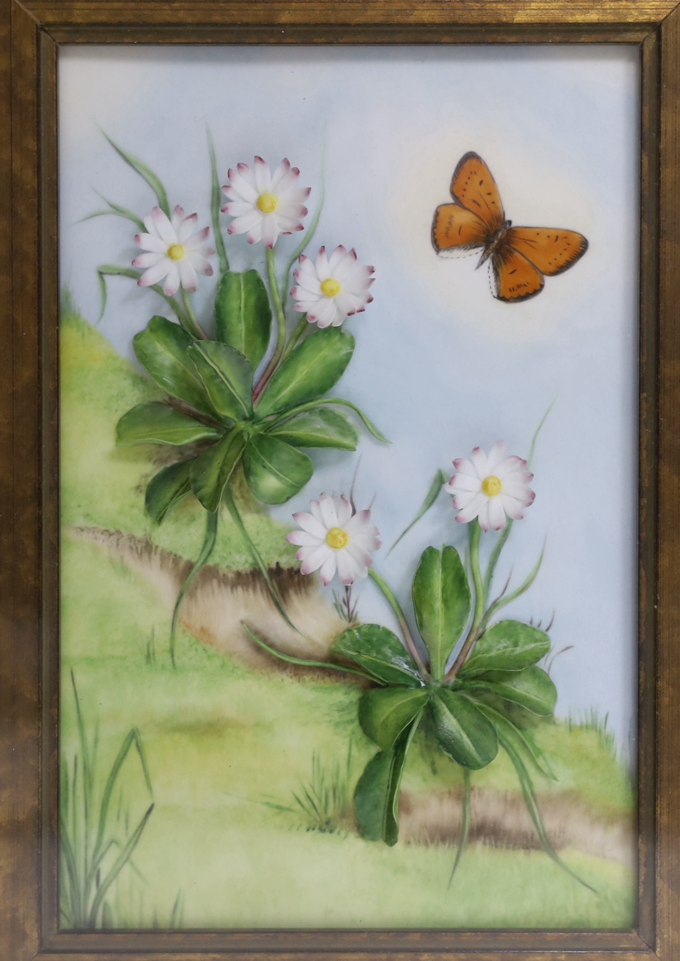 A pair of framed Connoisseur of Malvern, ‘Shakespeare’s Flower Daisies’, bone china plaques, 7cms wide, 11cms high